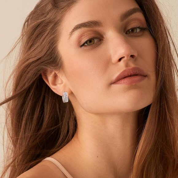 Sterling Silver Small Chunky Hoop Earrings with Cubic Zirconia, Hypoallergenic, - Picture 2 of 6